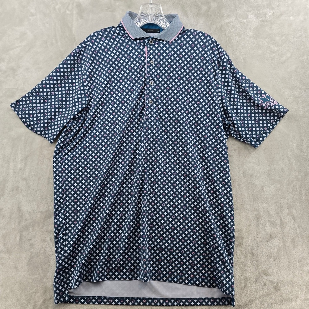 Greyson Golf Mens Polo Medium Blue Pink Wolf Print Onion Creek Club Golf Shirt - Picture 2 of 8